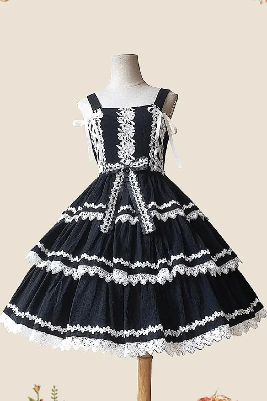 Black/White Three-section Cake Sleeveless Ribbon Sweet Lolita Tiered Dress Preppy unclassified dresses