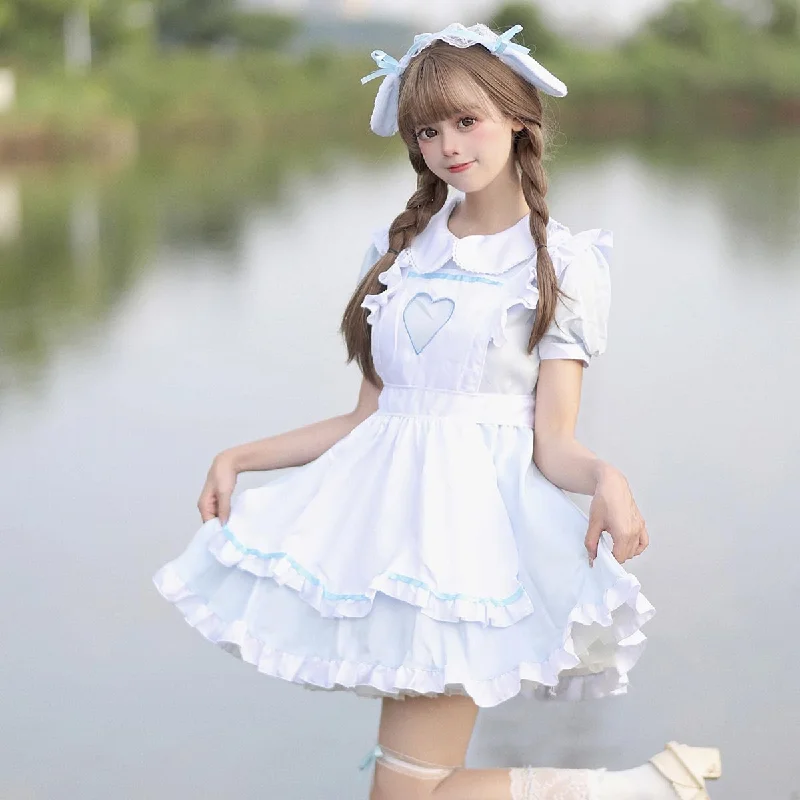 Blue Puff Sleeve Lolita Dress With Ruffles Apron And Headpieces Y2K unclassified dresses