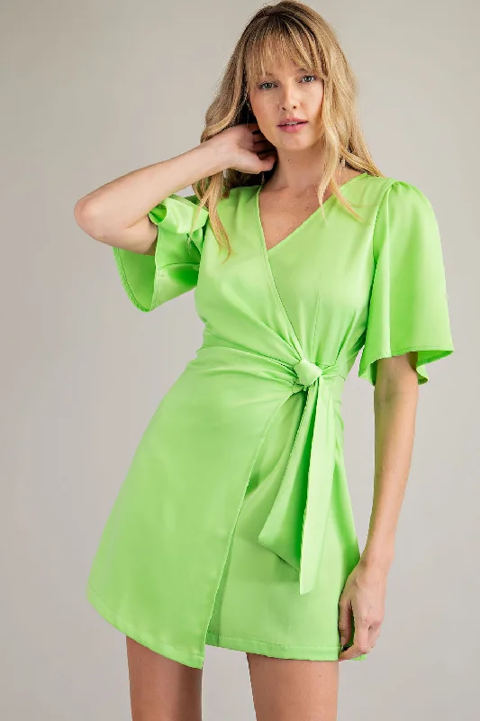 Casual V-Neck Wrap Dress-Lime Polka dot unclassified dresses