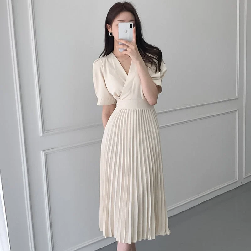 High Quality New Women Summer Clothes Elegant V-Neck Slim Office Lady Casual A-Line Bandge Pleated Dress Vestidos One-shoulder unclassified dresses