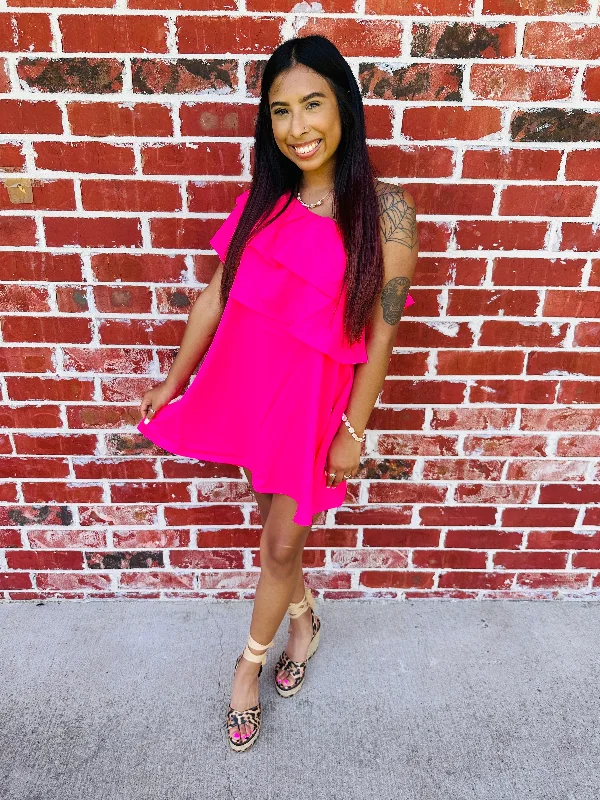 Hot Pink Asymmetrical Ruffle Dress Everyday wear unclassified dresses