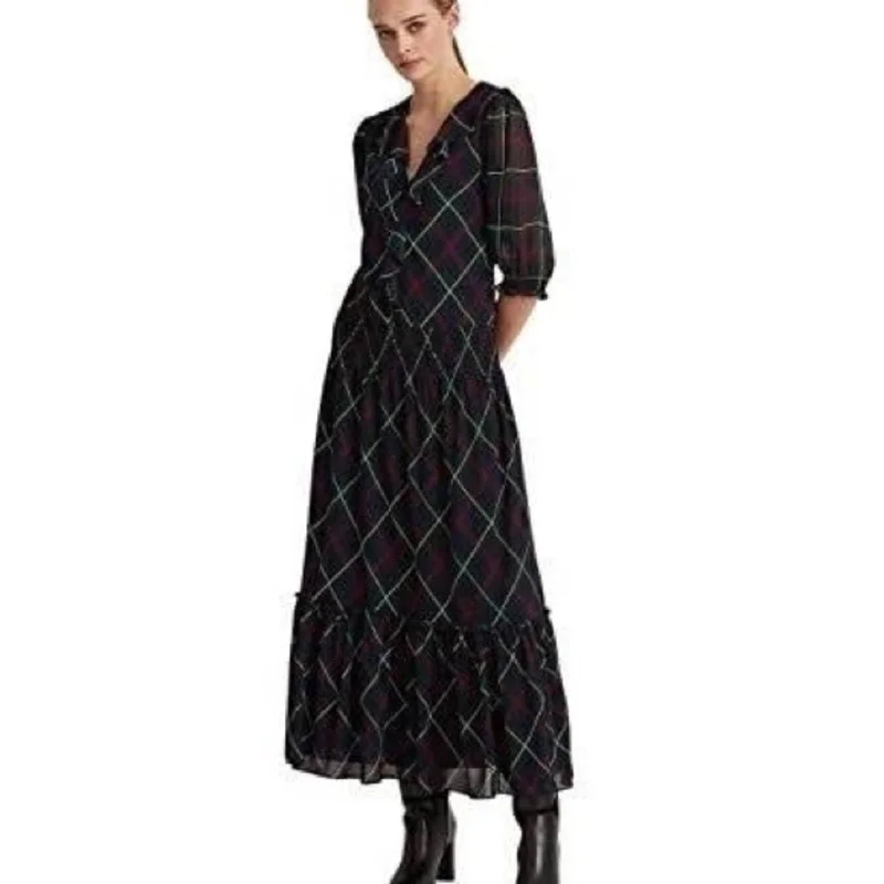 Lauren Ralph Lauren Green & Navy Blue Plaid Smock Dress, Ruffle Accents Petite unclassified dresses