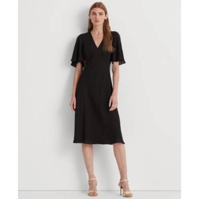 Lauren Ralph Lauren Women's Black "Georgette" Flutter Sleeve Button Dress Soft fabric unclassified dresses