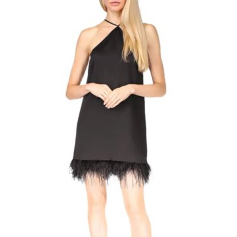 Michael Kors Ladies Black Feather Trim Halter Dress Elegant evening unclassified dresses