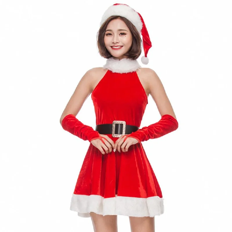 Miss Claus Velvet Christmas Dress Cosplay Santa Claus Fancy Dress New Year Christmas Costume Suit For Adults Women Mesh unclassified dresses