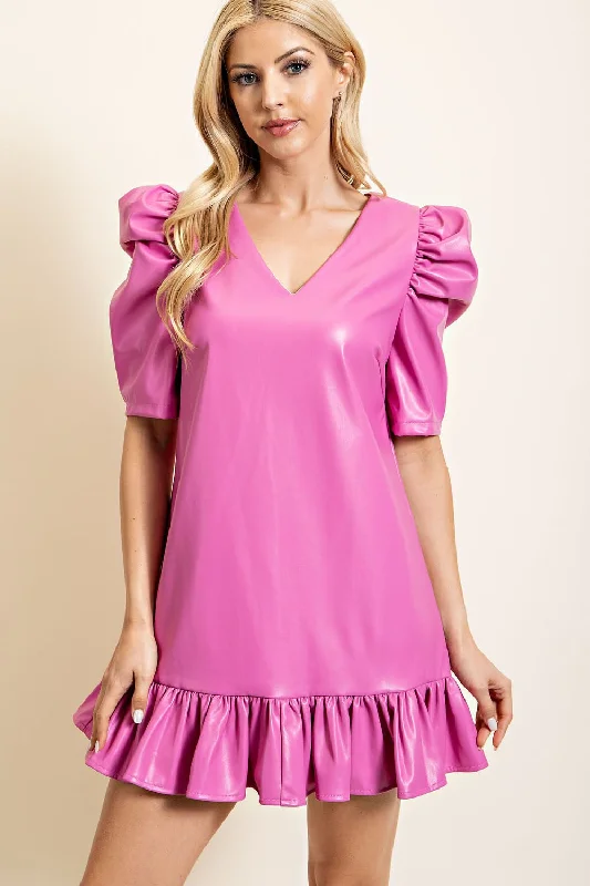 Pink Puff Sleeve Leather Dress Lace unclassified dresses