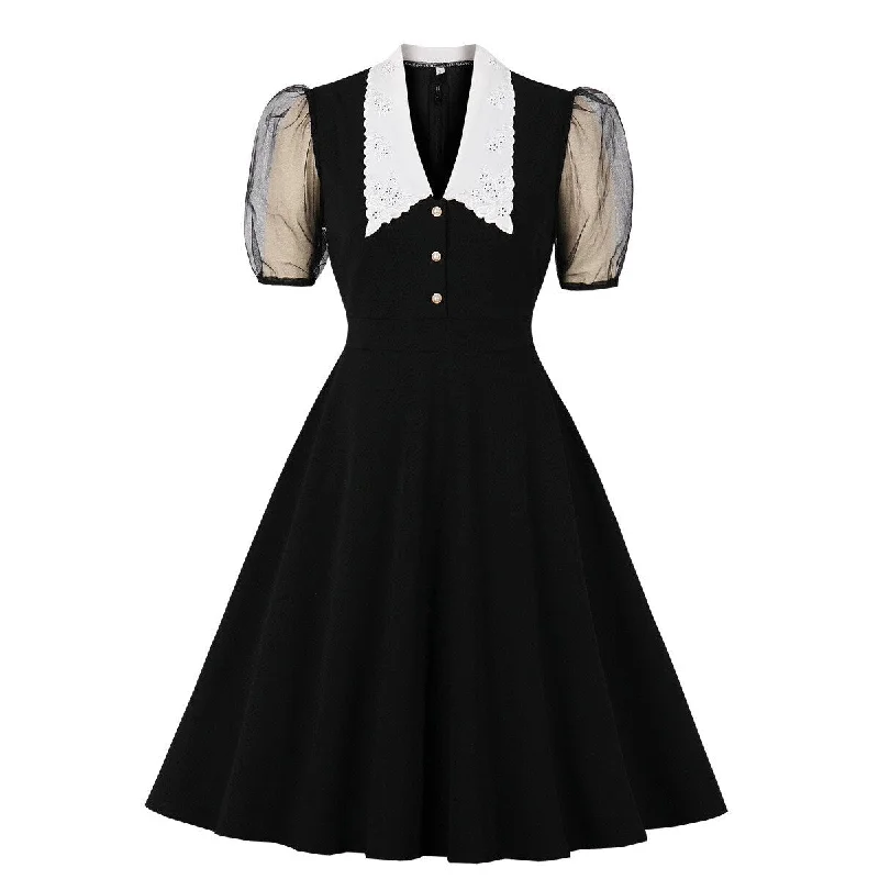 Puff Sleeve Black Tunic Office Dress Women Vintage A-line Peter Pan Neck Swing Mesh Ladies 50s Rockabilly Dresses Korean Clothes Lace unclassified dresses