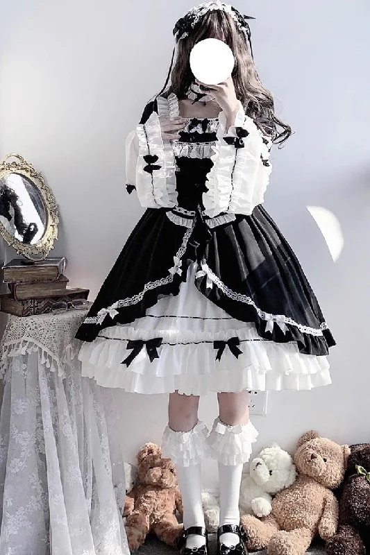 White/Black Hime Sleeves Multi-layer Ruffle Cardigan Bowknot Gothic Princess Lolita Dress Designer unclassified dresses