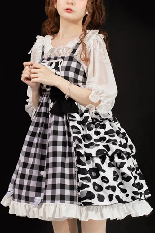 White/Black Milk Cow Plaid Panel Ruffled High Waisted Sweet Lolita JSK Dress Silk unclassified dresses