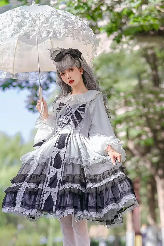 White/Black Multi-layer Ruffle Bowknot The Covenant of Summer Isle Gothic Princess Lolita Jsk Dress Women's unclassified dresses