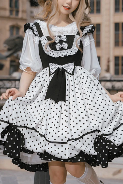 White/Black Polka Dot Ruffled Strap Sweet Lolita JSK Dress Cotton unclassified dresses