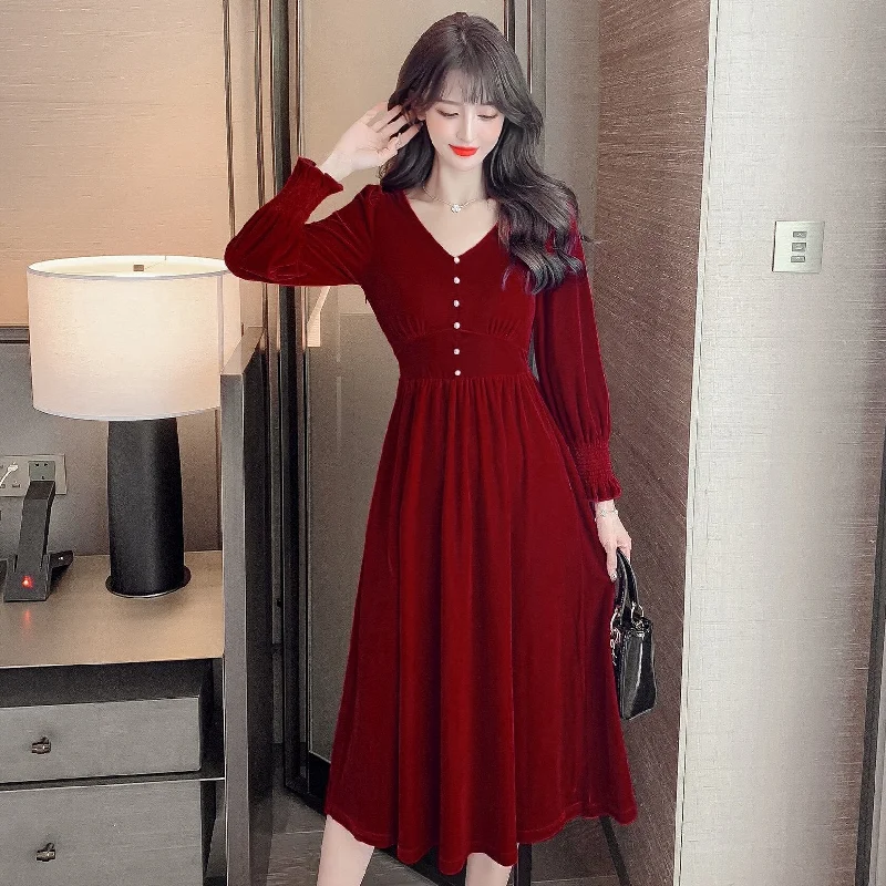 Women French Vintage Dress Button Front V-Neck A-line Dress Casual Slim Puff Sleeve Dresses Vestidos De Mujer Street style unclassified dresses