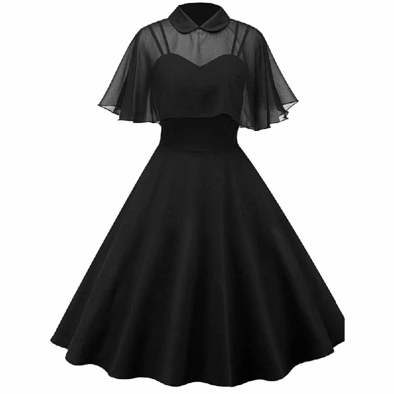 Women Vintage Gothic Cape Dress Autumn Two Piece Sheer Mesh Cape Patchwork Pleated Peter Pan Collar Elegant Retro Goth Dresses Budget-friendly unclassified dresses