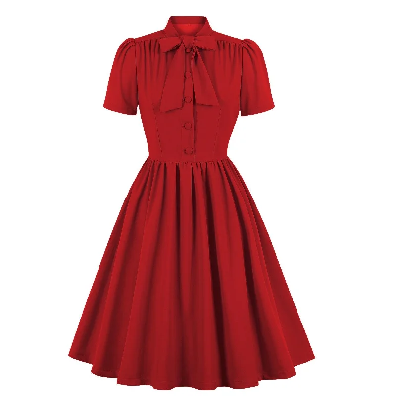 Women Vintage Pleated Swing Dress Tie Neck Button Up 50S Pinup Robes Spring Red Blue Blue Elegant Retro Clothes Ladies Dresses Ruffled unclassified dresses