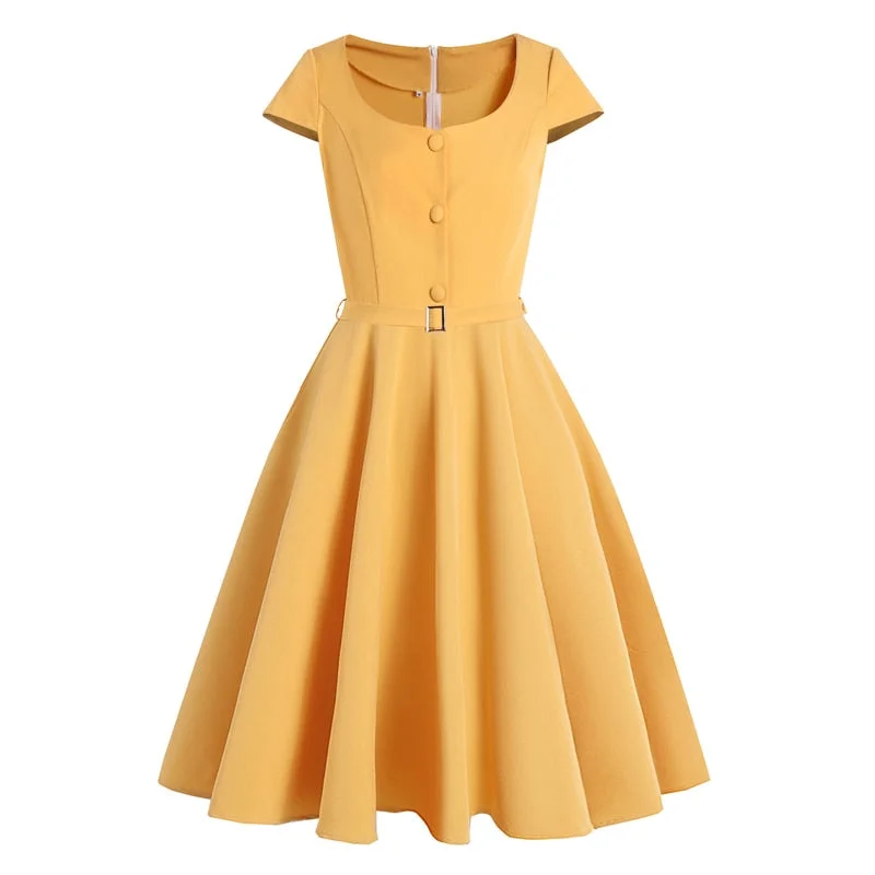 Yellow Button Up O-Neck Cap Sleeve Vintage Summer Dress Bold pattern unclassified dresses