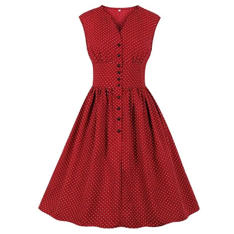 Yellow Single Breasted Sleeveless Polka Dot Casual Thin Fabric V-Neck High Waist Vintage Dress Printed unclassified dresses