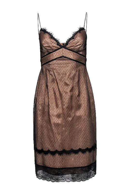 ABS Collections - Nude Sheath Dress w/ Black Lace Overlay Sz 2 Tiered Lace Gown