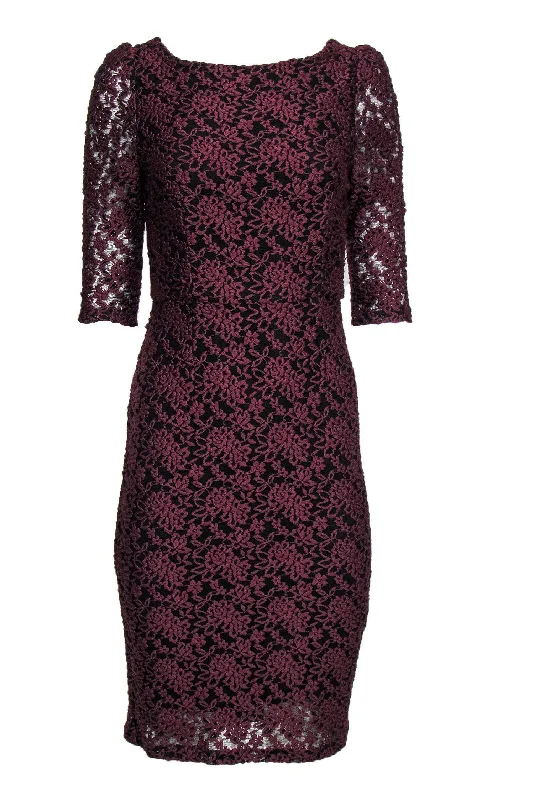 Alice & Olivia - Burgundy & Black Lace Sheath Dress Sz 6 Lace Party Gown