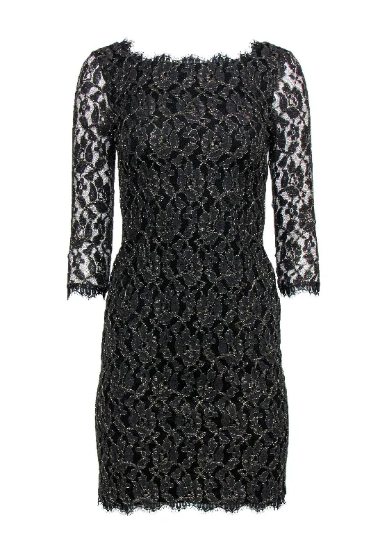 Diane von Furstenberg - Black & Gold Lace Sheath Dress Sz 2 Lace Evening Gown