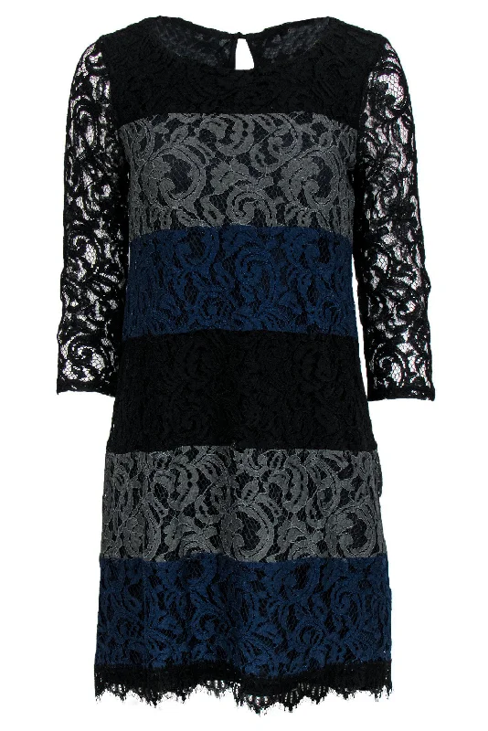 Ella Moss - Dark Green, Navy & Black Colorblock Lace Dress Sz L Blue Lace Dress