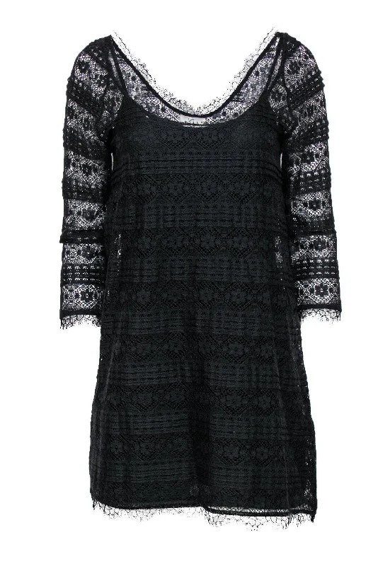 Joie - Black Lace Three-Quarter Sleeve Shift Dress Sz S Lace Mini Dress