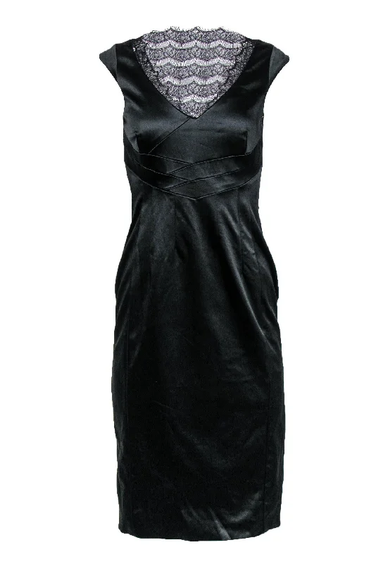 Karen Millen - Black Satin Sheath Dress w/ Lace Sz 8 Lace Dress Flare