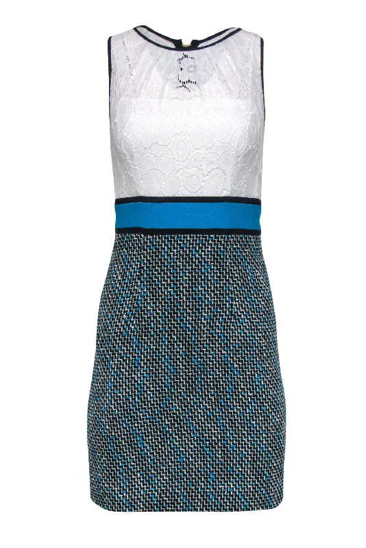 Milly - White Lace & Blue Tweed Skirt Sheath Dress Sz 0 Lace Dress Modern