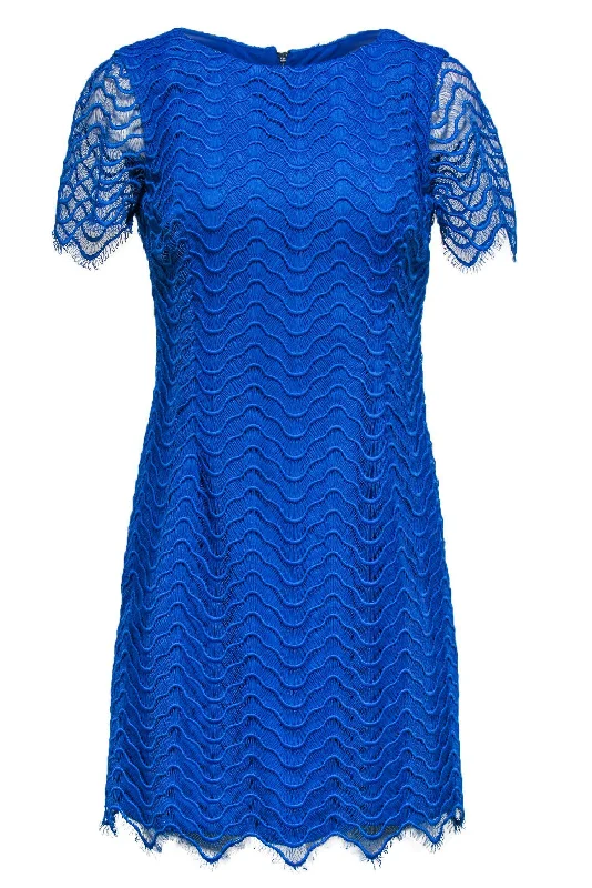 Reiss - Blue Lace Shift Dress Sz 6 Off-the-shoulder Lace