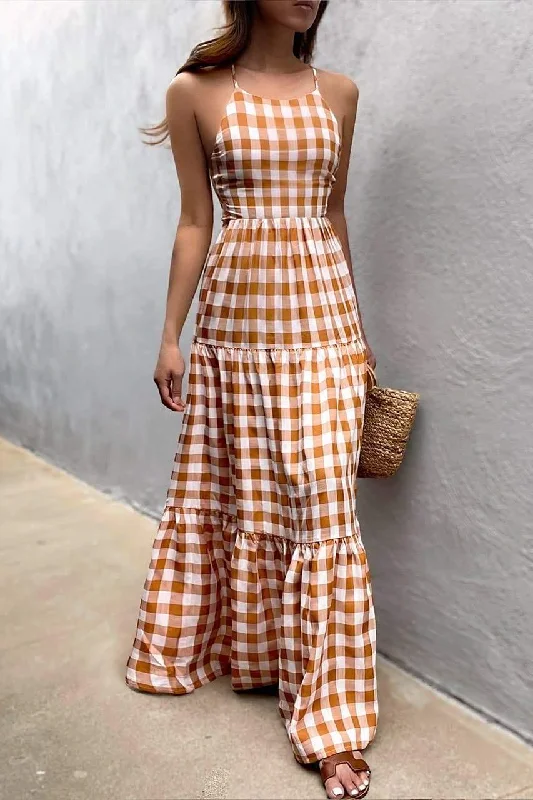 Chelsea Maxi Dress - Tan Check Sexy Long Skirt