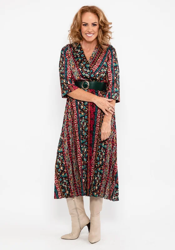 Seventy1 Multi Print Pleated Maxi Dress, Red Multi Full Maxi Skirt