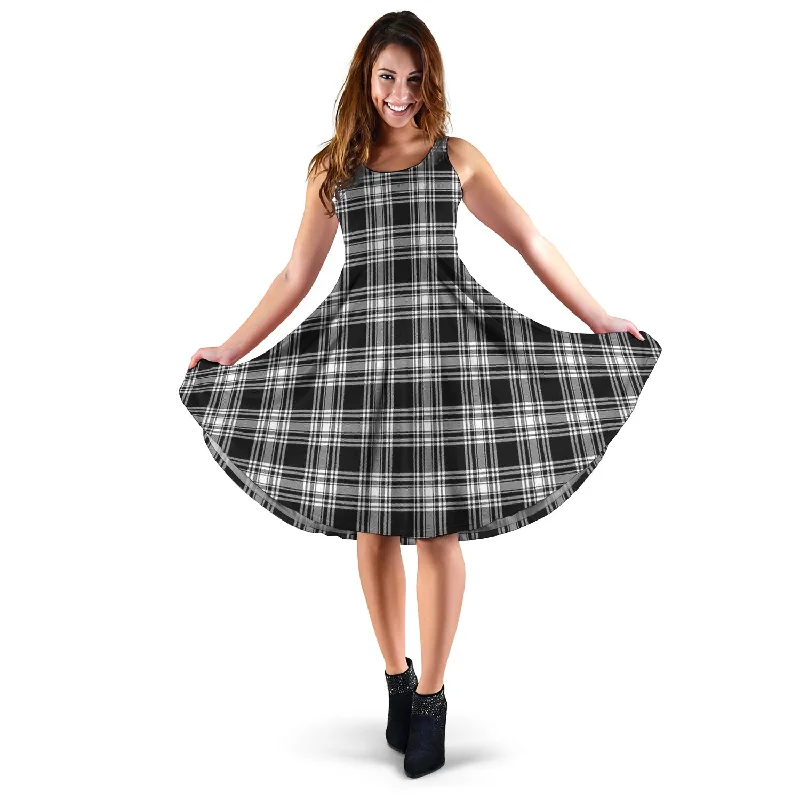 Menzies Black and White Tartan Sleeveless Midi Womens Dress Lace Trim Midi