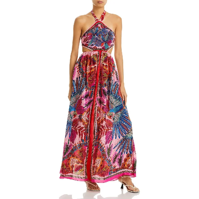 Womens Scarf Dress Tie Around Neck Midi Dress Printed Satin Midi